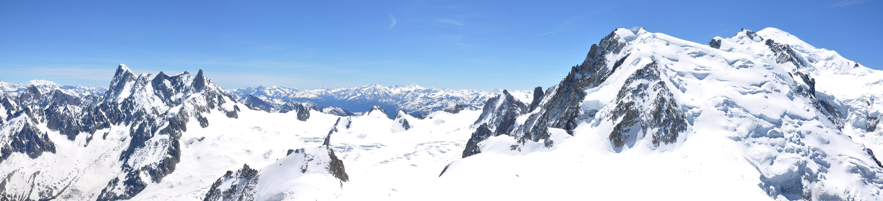 View of the Mont Blanc massive from the Aiguille du Midi